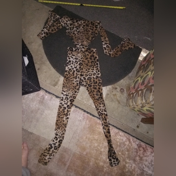 Feline Sexy Matcing Set wom Summer Bodycon Jumpsuit Leopard Long Sleeve Off S - Picture 12 of 13